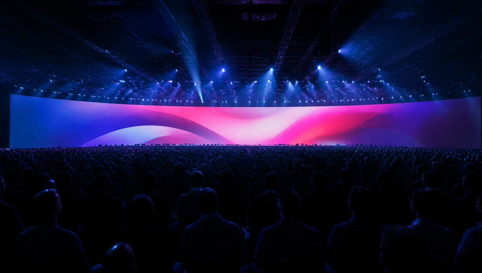 Wide cinematic view of a conference audience facing a massive LED stage