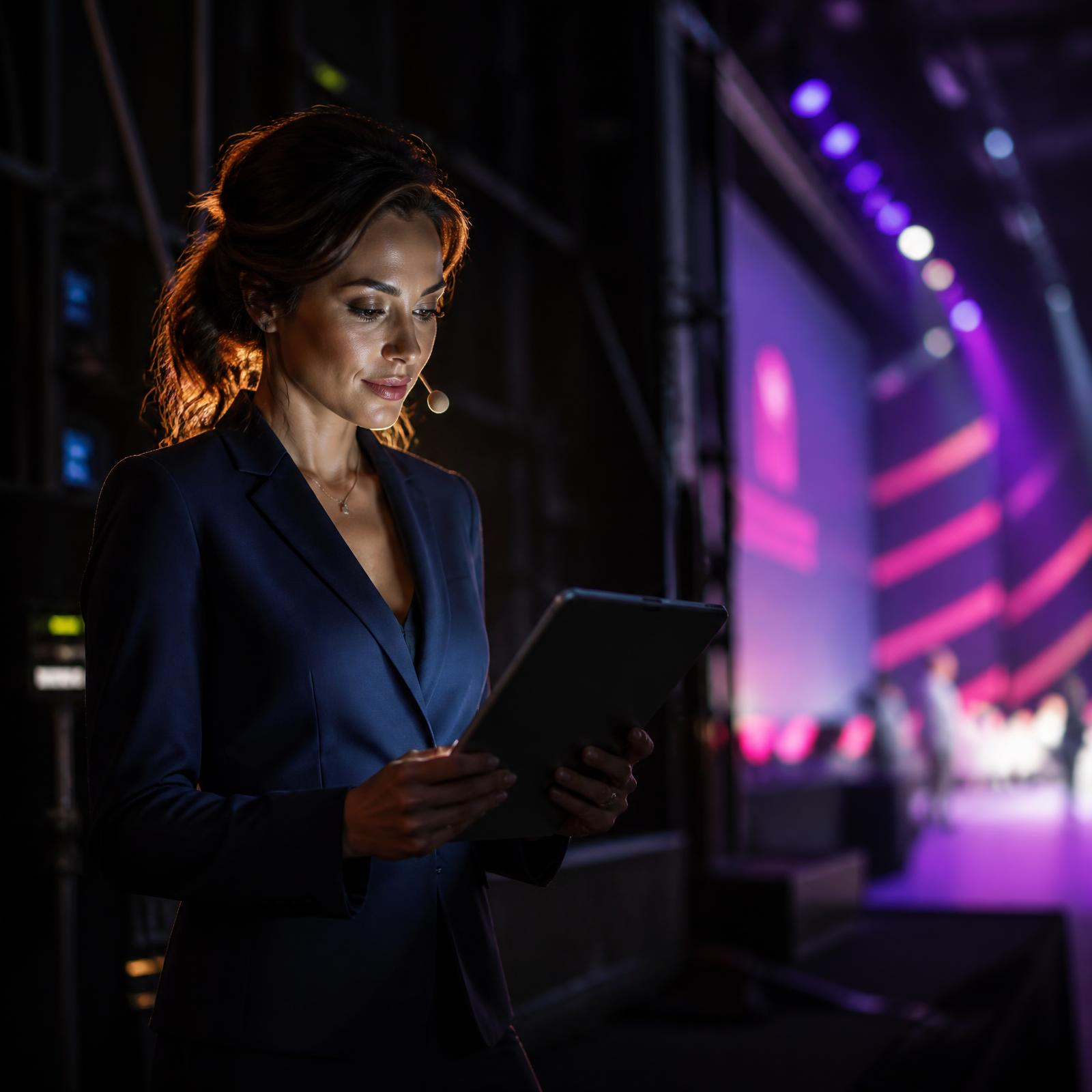 Event moderator holding a tablet backstage